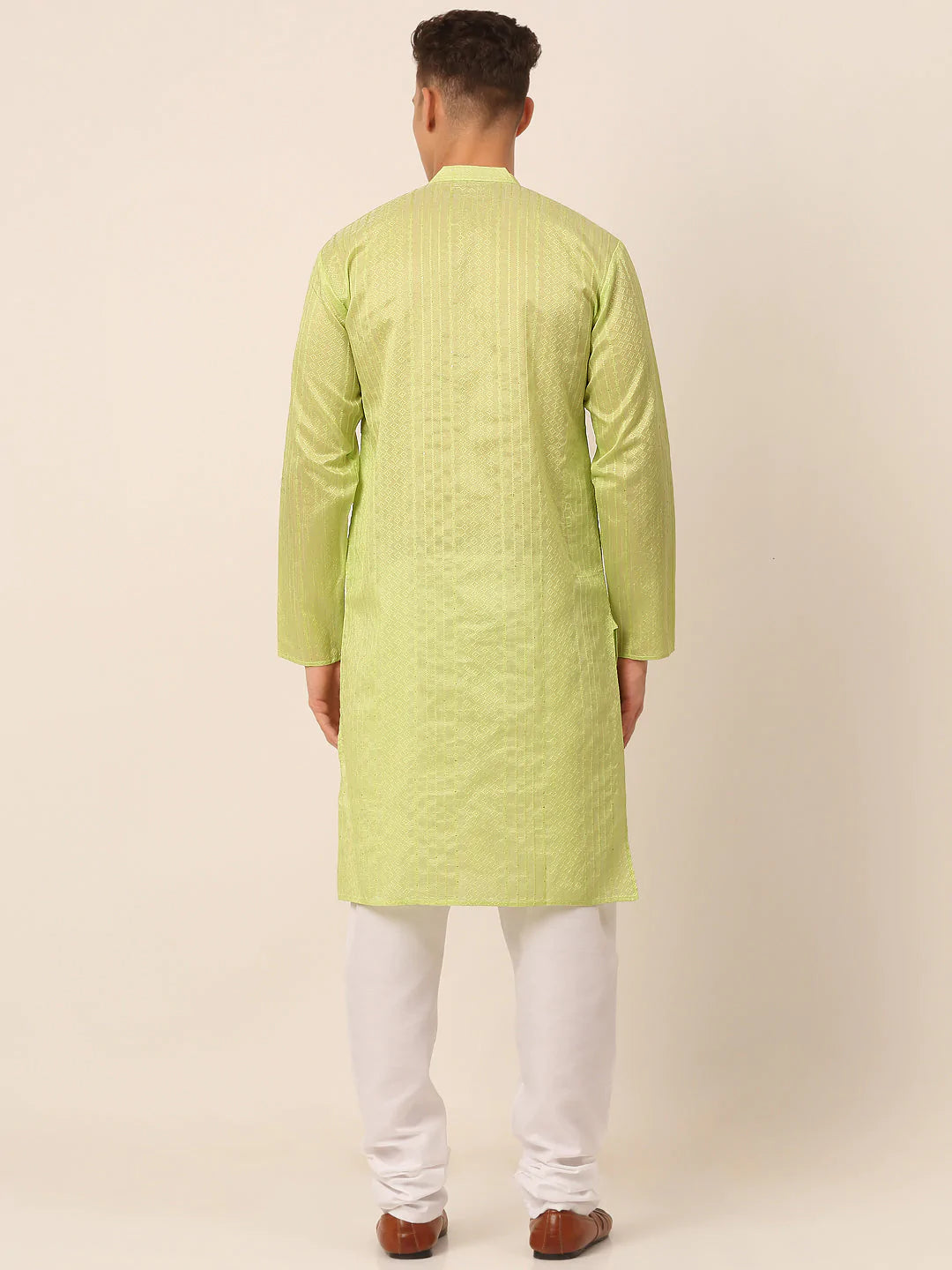 Men's Silk Blend Sequence Embroidered Kurta Pyjama Set ( JOKP 661 Green )