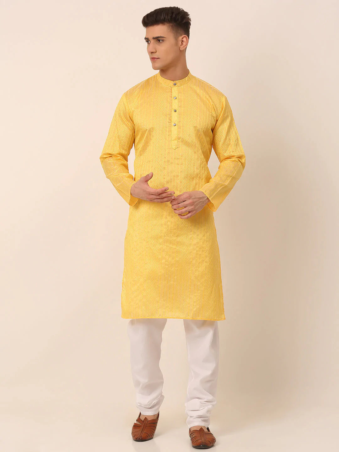 Men's Silk Blend Sequence Embroidered Kurta Pyjama Set ( JOKP 661 Yellow )