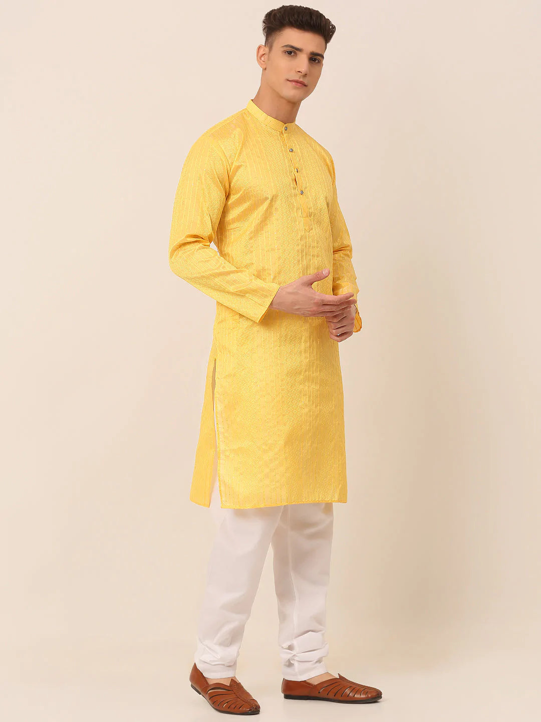 Men's Silk Blend Sequence Embroidered Kurta Pyjama Set ( JOKP 661 Yellow )