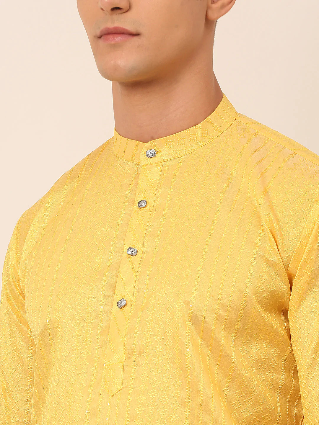 Men's Silk Blend Sequence Embroidered Kurta Pyjama Set ( JOKP 661 Yellow )