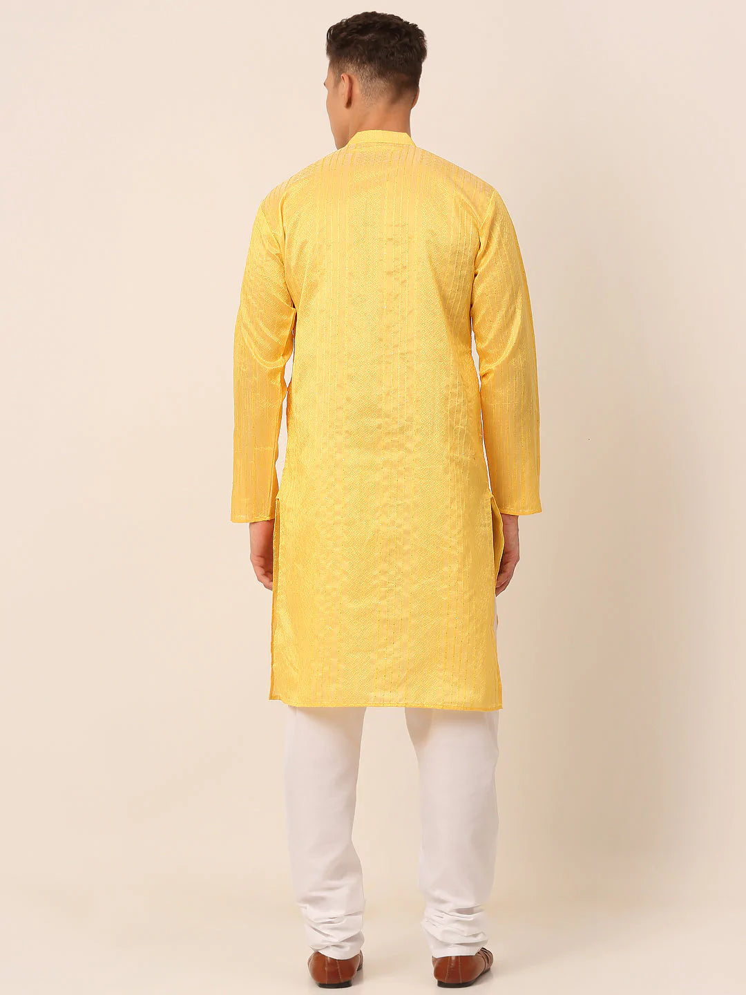 Men's Silk Blend Sequence Embroidered Kurta Pyjama Set ( JOKP 661 Yellow )