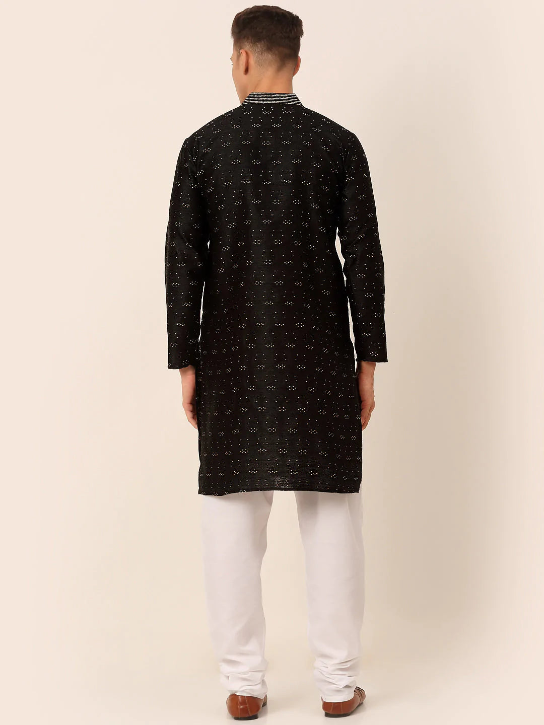 Men's Silk Blend Collar Embroidered Kurta Pyjama Set ( JOKP 662 Black )