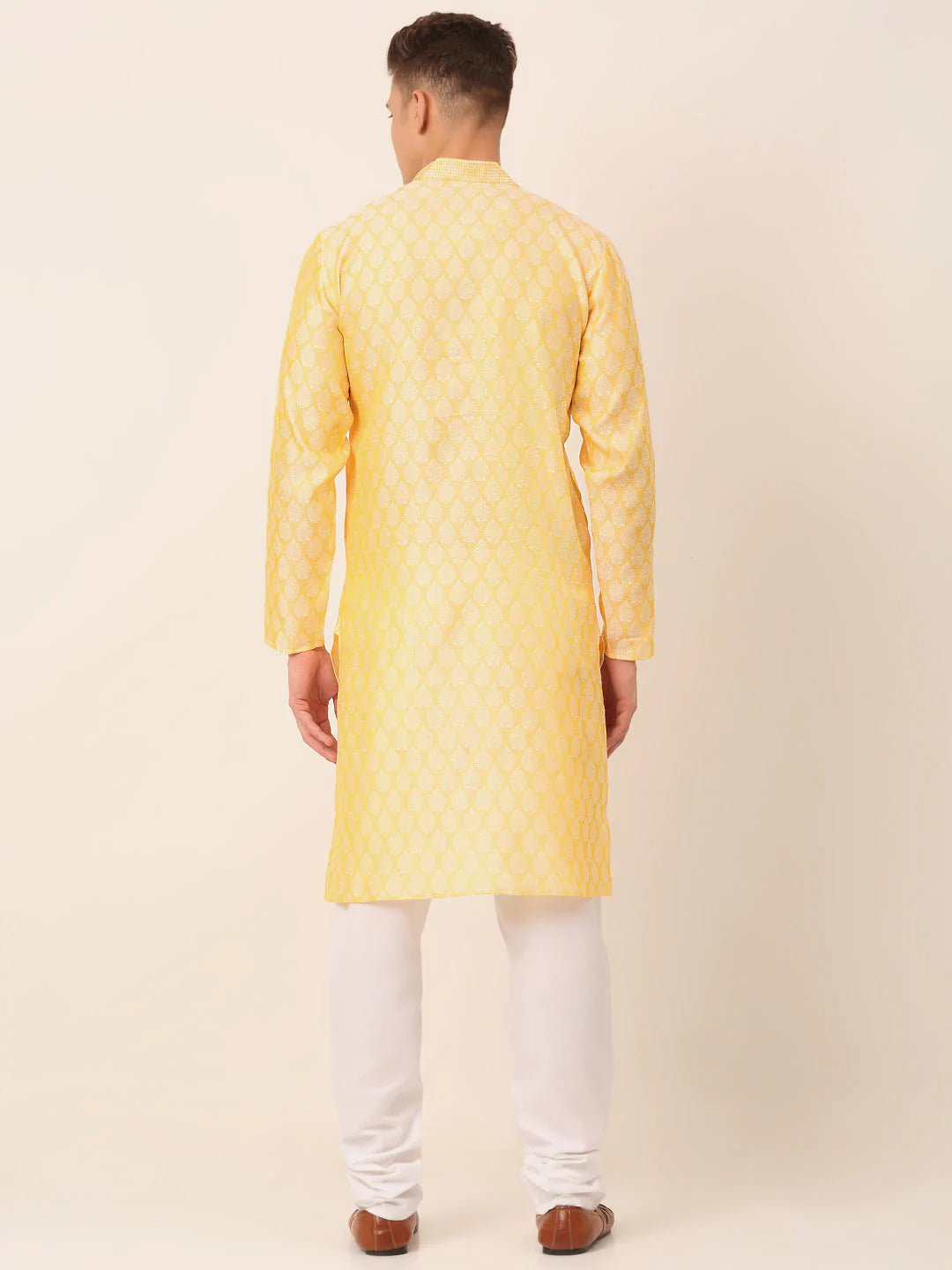 Men's Silk Blend Collar Embroidered Kurta Pyjama Set ( JOKP 663 Golden )