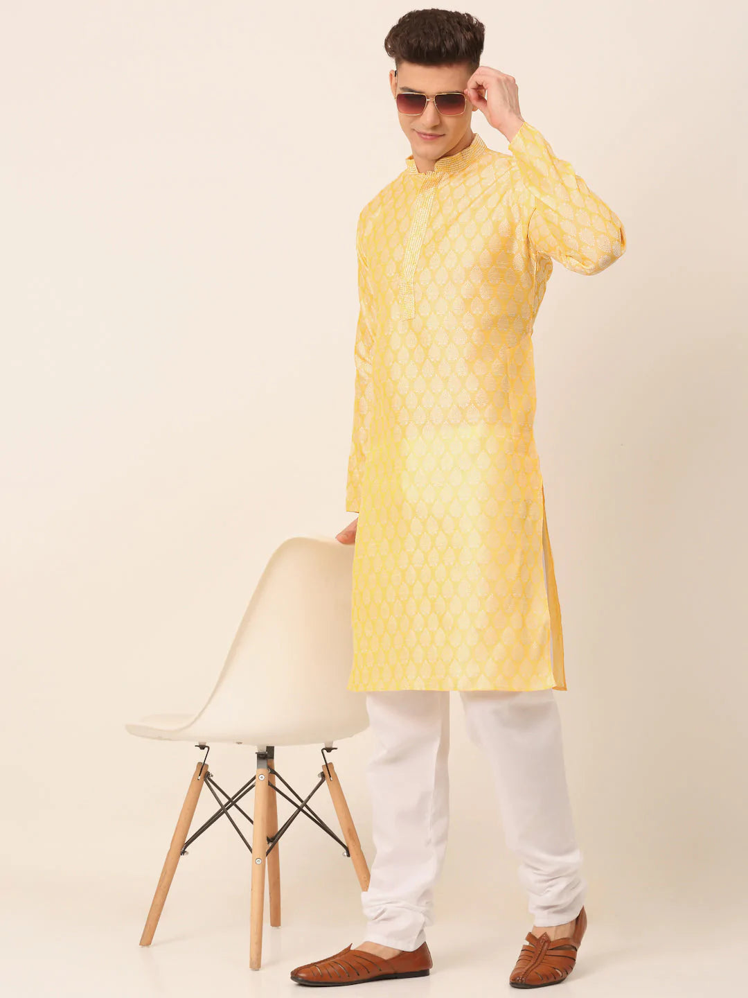 Men's Silk Blend Collar Embroidered Kurta Pyjama Set ( JOKP 663 Golden )
