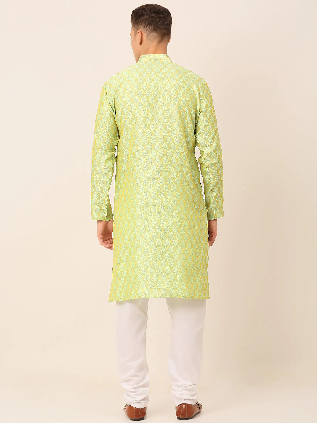 Men's Silk Blend Collar Embroidered Kurta Pyjama Set ( JOKP 663 Green )