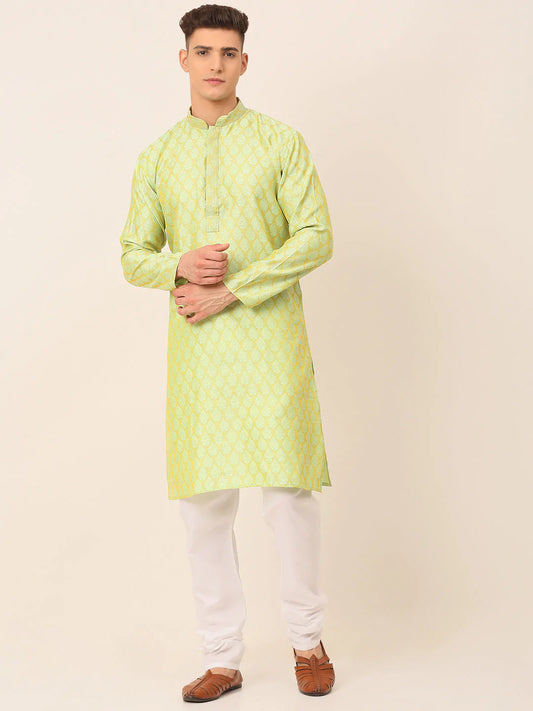 Men's Silk Blend Collar Embroidered Kurta Pyjama Set ( JOKP 663 Green )