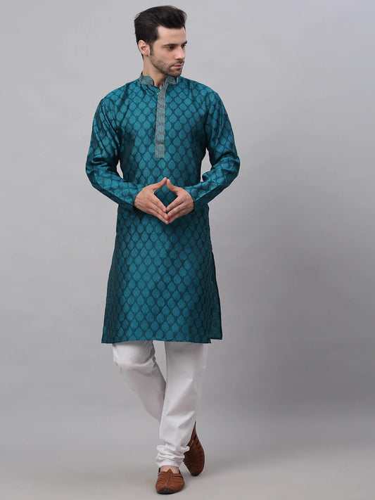 Men's Silk Blend Collar Embroidered Kurta Pyjama Set ( JOKP 663 Peacock )