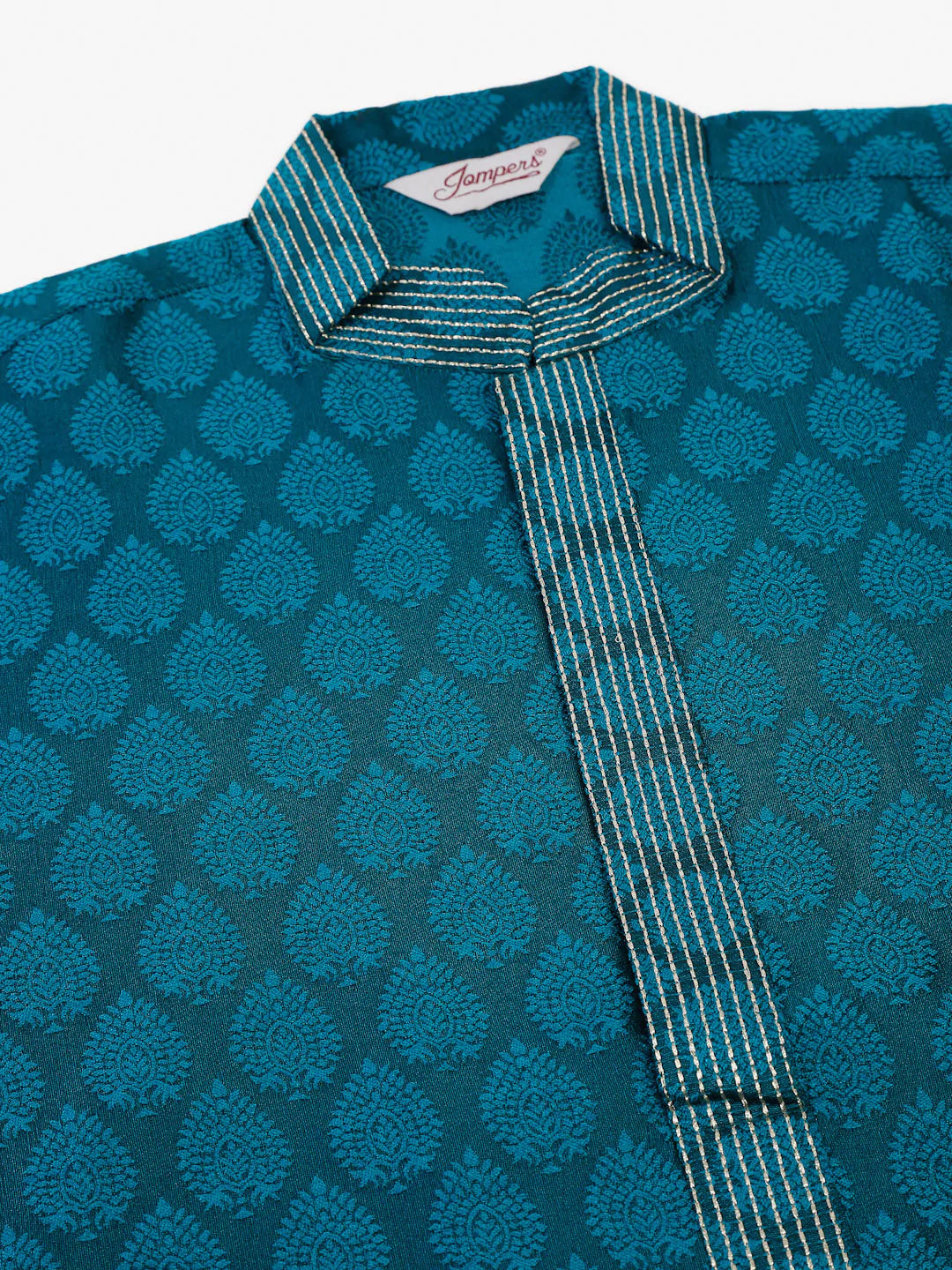 Men's Silk Blend Collar Embroidered Kurta Pyjama Set ( JOKP 663 Peacock )