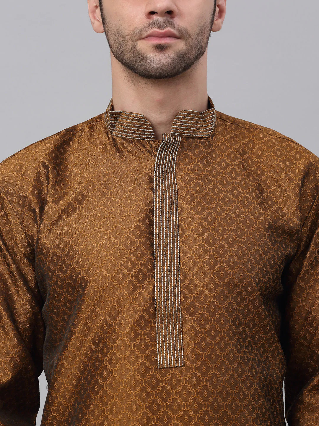 Men's Silk Blend Collar Embroidered Kurta Pyjama Set ( JOKP 664 Brown )