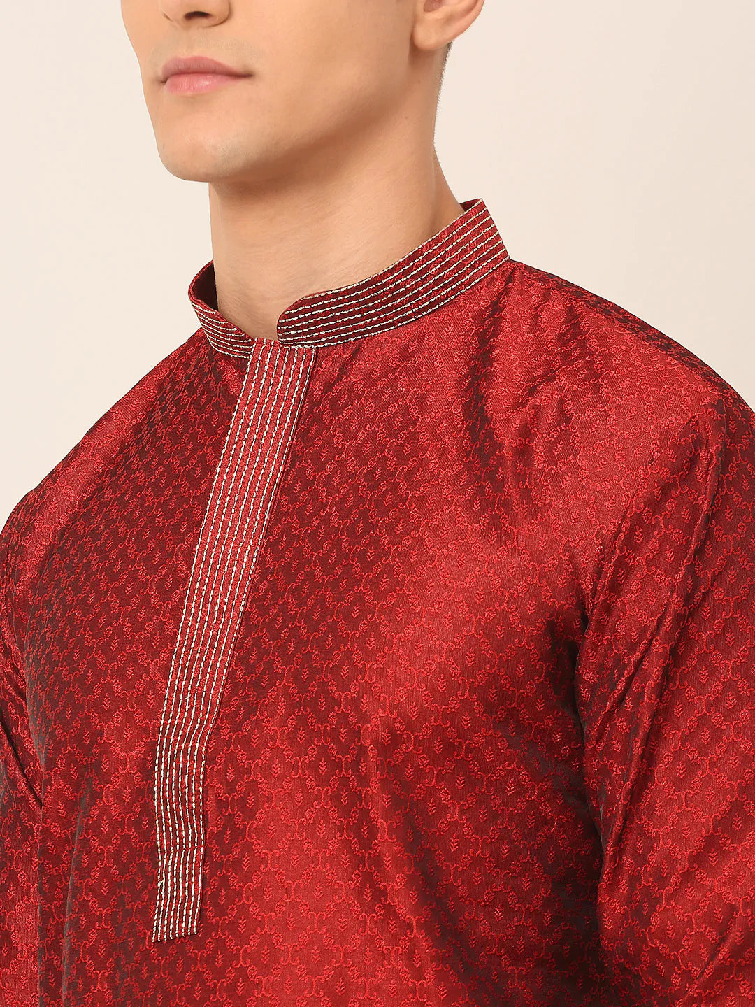 Men's Silk Blend Collar Embroidered Kurta Pyjama Set ( JOKP 664 Maroon )