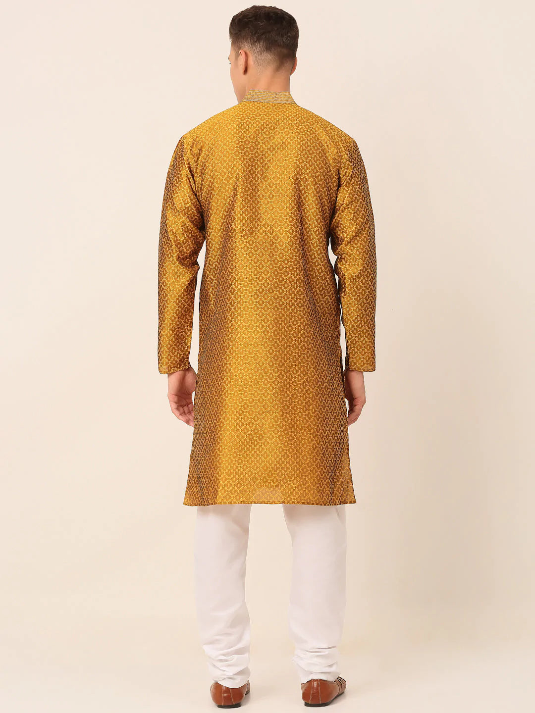 Men's Silk Blend Collar Embroidered Kurta Pyjama Set ( JOKP 664 Mustard )