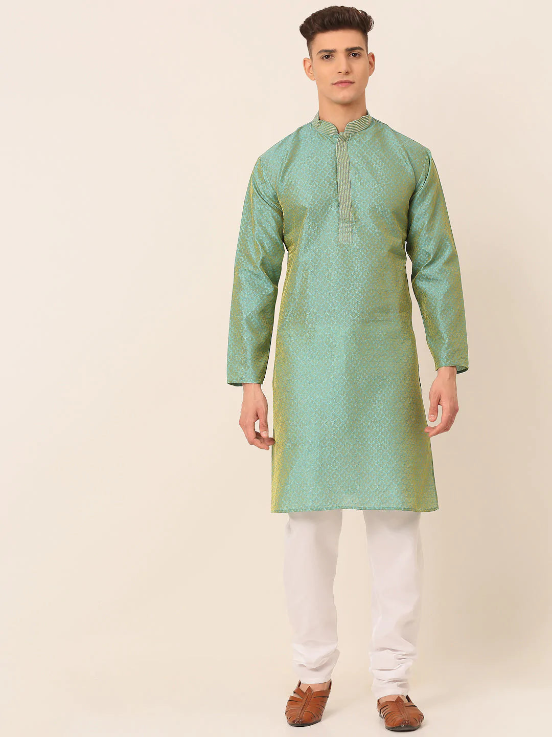 Men's Silk Blend Collar Embroidered Kurta Pyjama Set ( JOKP 664 Sea-Green )