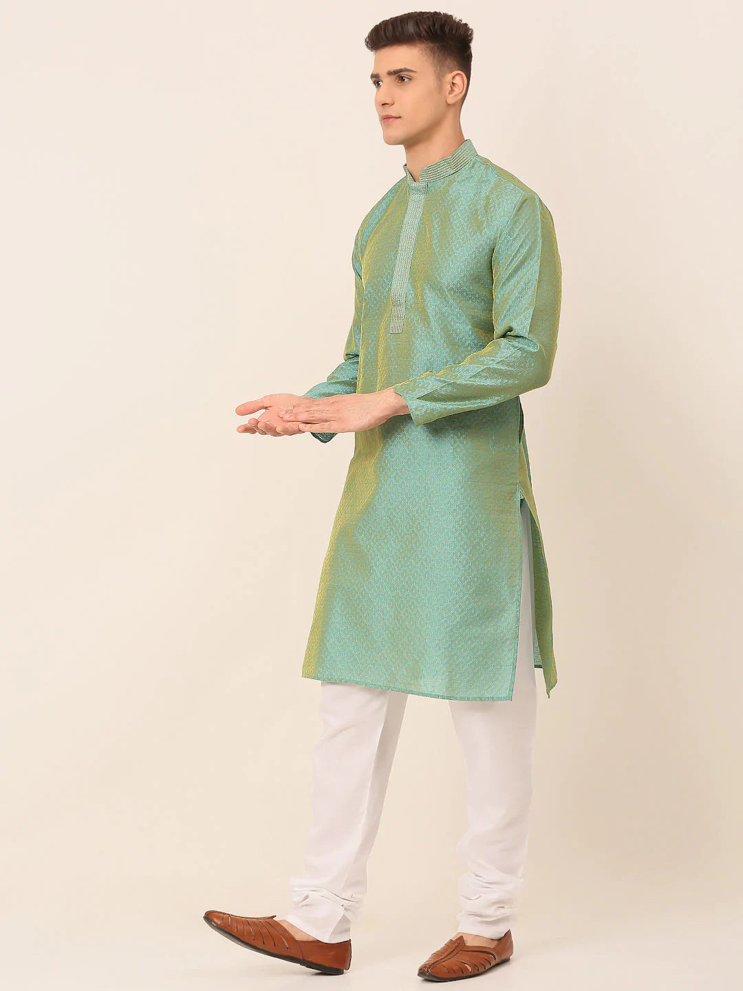 Men's Silk Blend Collar Embroidered Kurta Pyjama Set ( JOKP 664 Sea-Green )