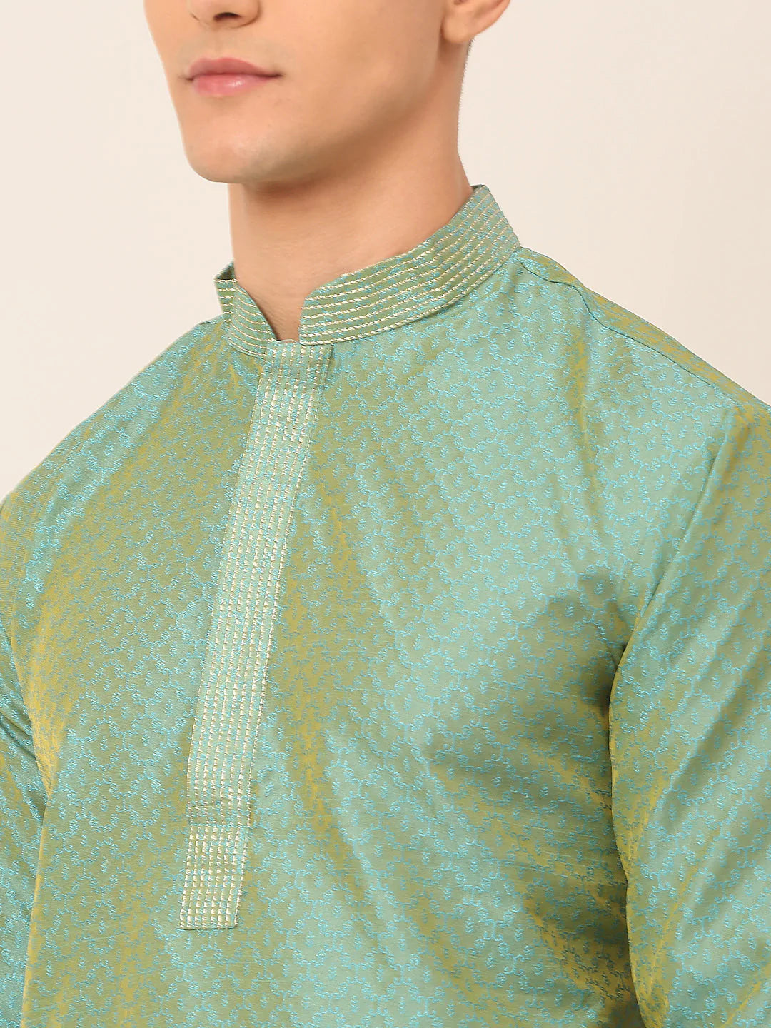 Men's Silk Blend Collar Embroidered Kurta Pyjama Set ( JOKP 664 Sea-Green )