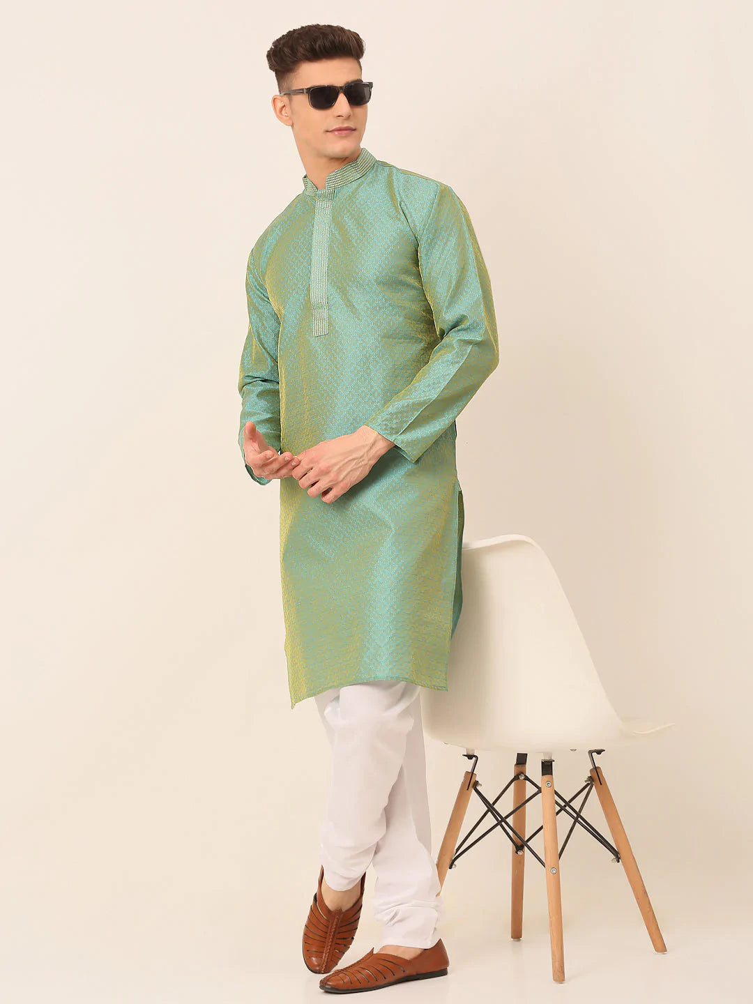 Men's Silk Blend Collar Embroidered Kurta Pyjama Set ( JOKP 664 Sea-Green )