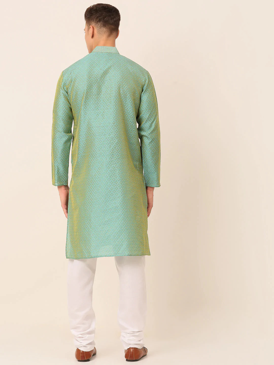 Men's Silk Blend Collar Embroidered Kurta Pyjama Set ( JOKP 664 Sea-Green )