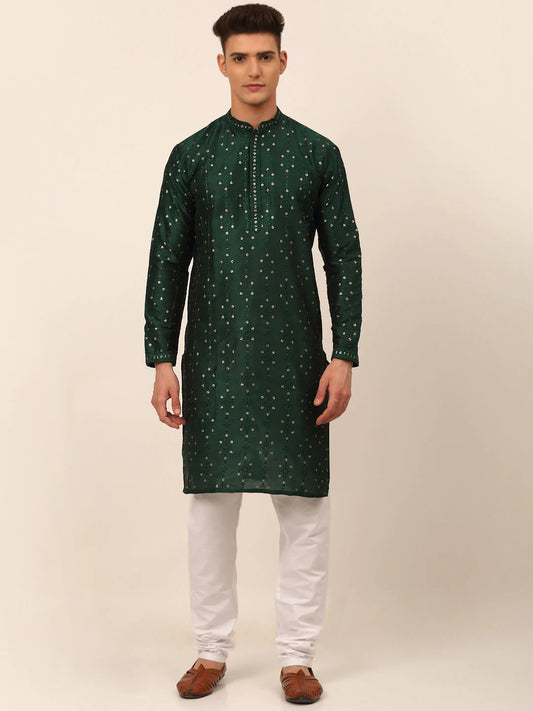 Men's Silk Blend Collar Embroidered Kurta Pyjama Set ( JOKP 665 Green )