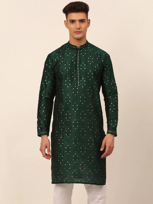 Men's Silk Blend Collar Embroidered Kurta Only ( KO 665 Green )