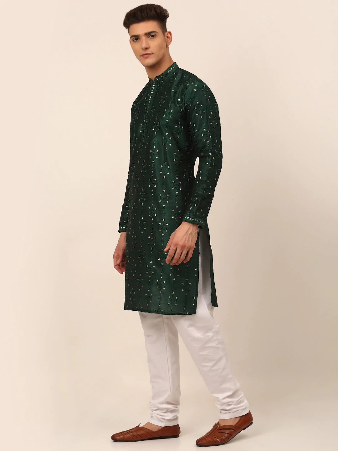 Men's Silk Blend Collar Embroidered Kurta Pyjama Set ( JOKP 665 Green )