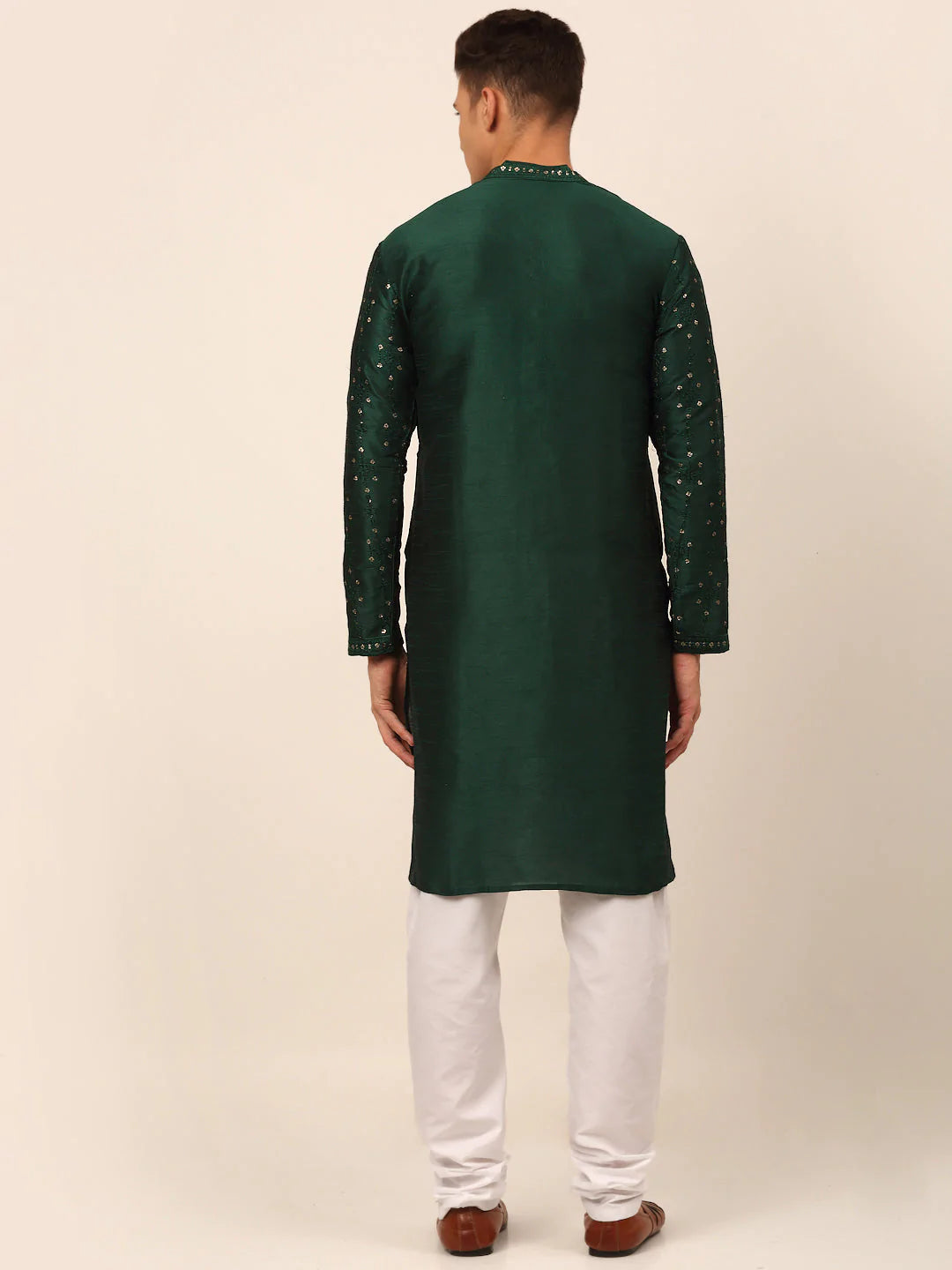 Men's Silk Blend Collar Embroidered Kurta Pyjama Set ( JOKP 665 Green )