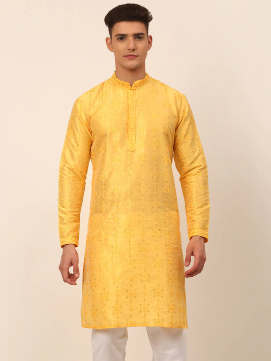Men's Silk Blend Collar Embroidered Kurta Only ( KO 665 Yellow )