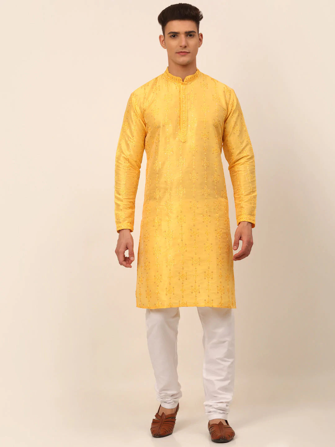Men's Silk Blend Collar Embroidered Kurta Pyjama Set ( JOKP 665 Yellow )