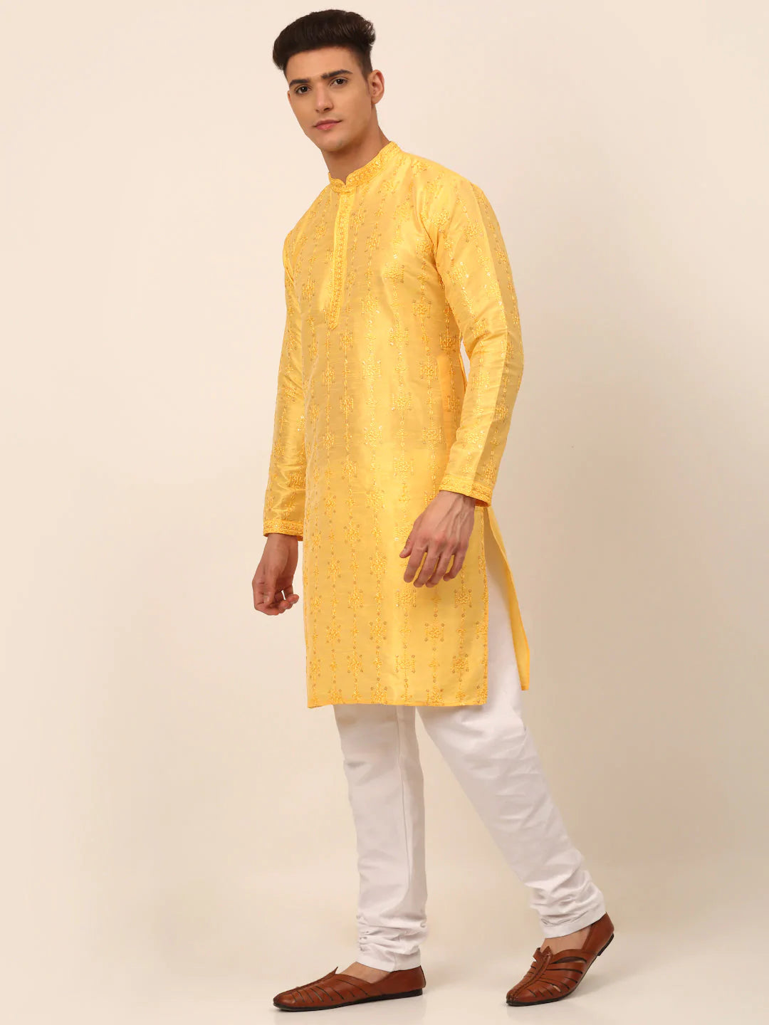 Men's Silk Blend Collar Embroidered Kurta Pyjama Set ( JOKP 665 Yellow )