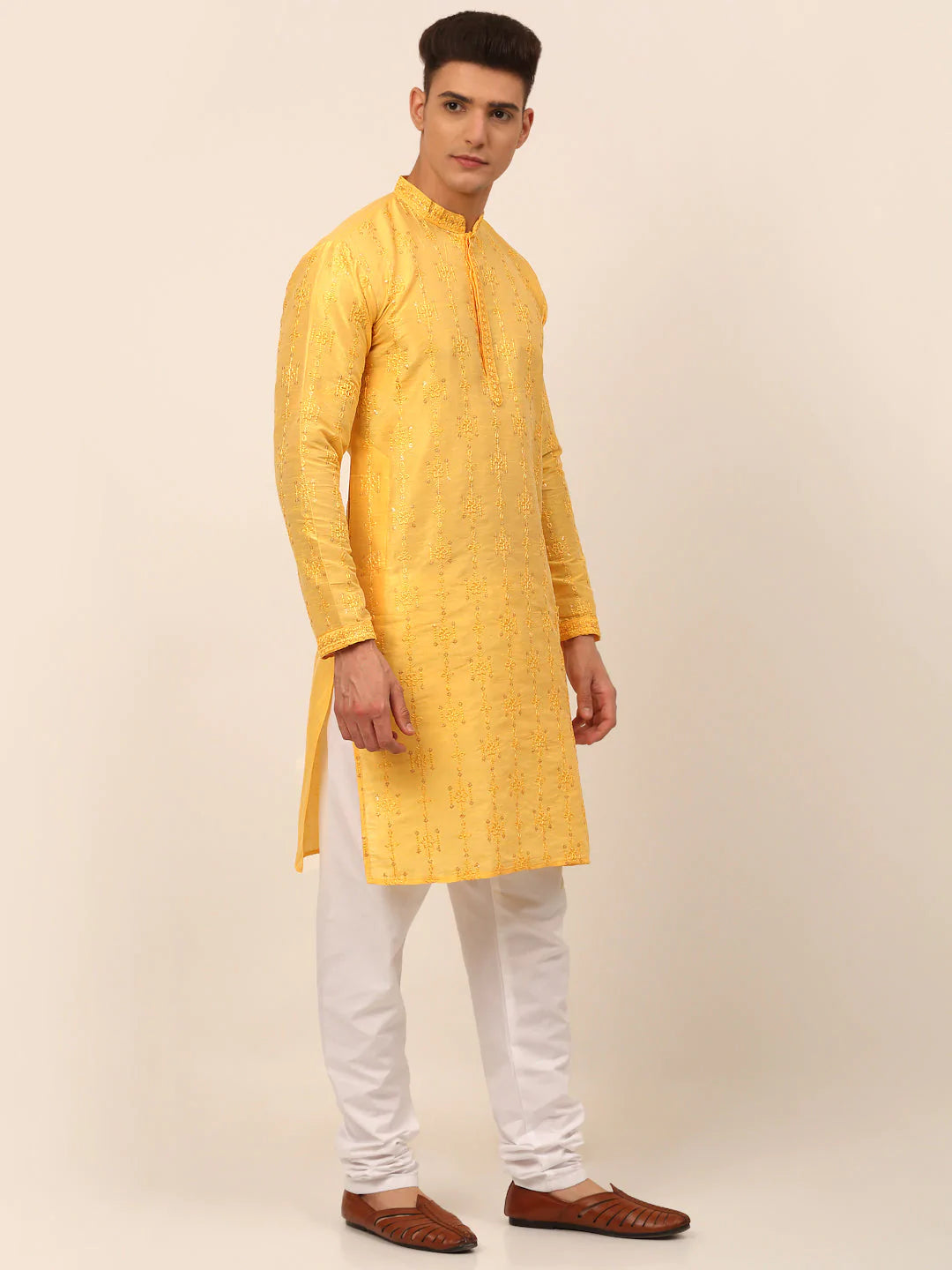 Men's Silk Blend Collar Embroidered Kurta Pyjama Set ( JOKP 665 Yellow )