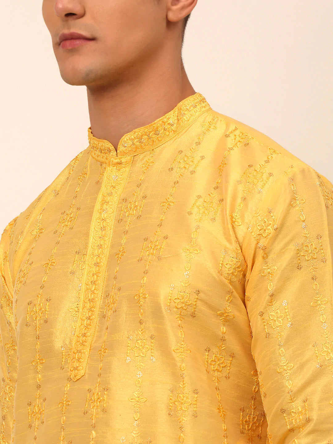 Men's Silk Blend Collar Embroidered Kurta Pyjama Set ( JOKP 665 Yellow )