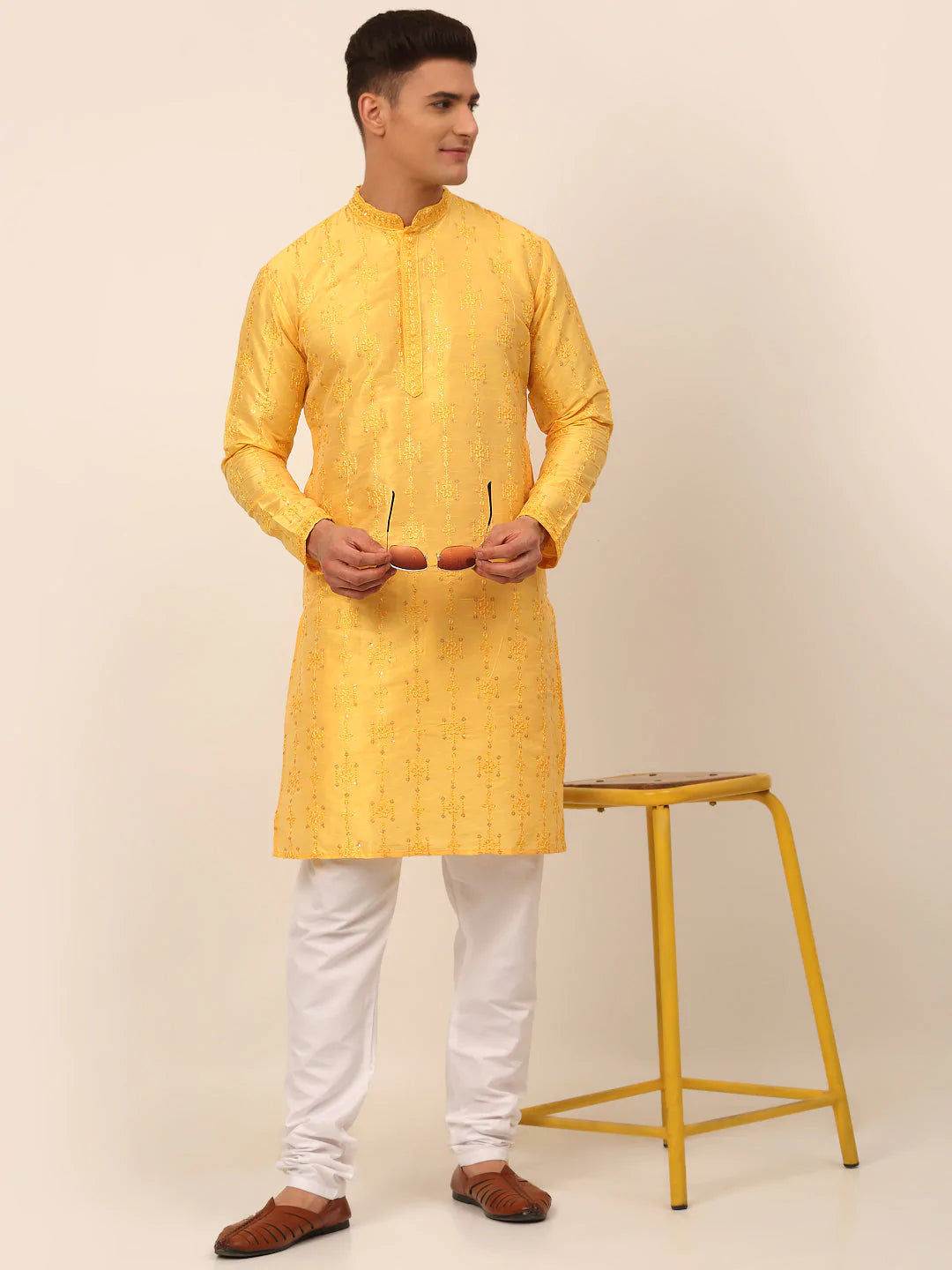 Men's Silk Blend Collar Embroidered Kurta Pyjama Set ( JOKP 665 Yellow )