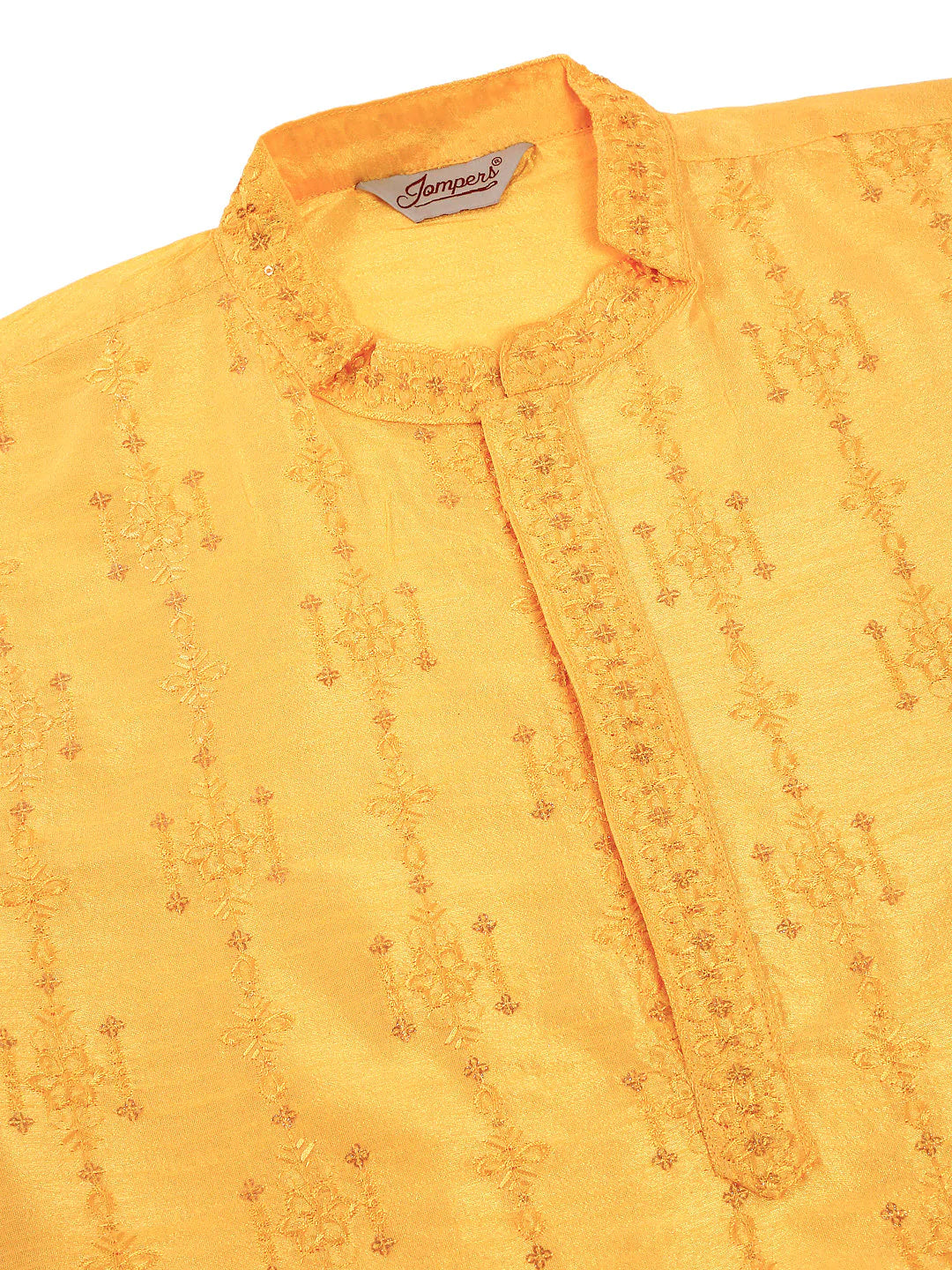 Men's Silk Blend Collar Embroidered Kurta Pyjama Set ( JOKP 665 Yellow )