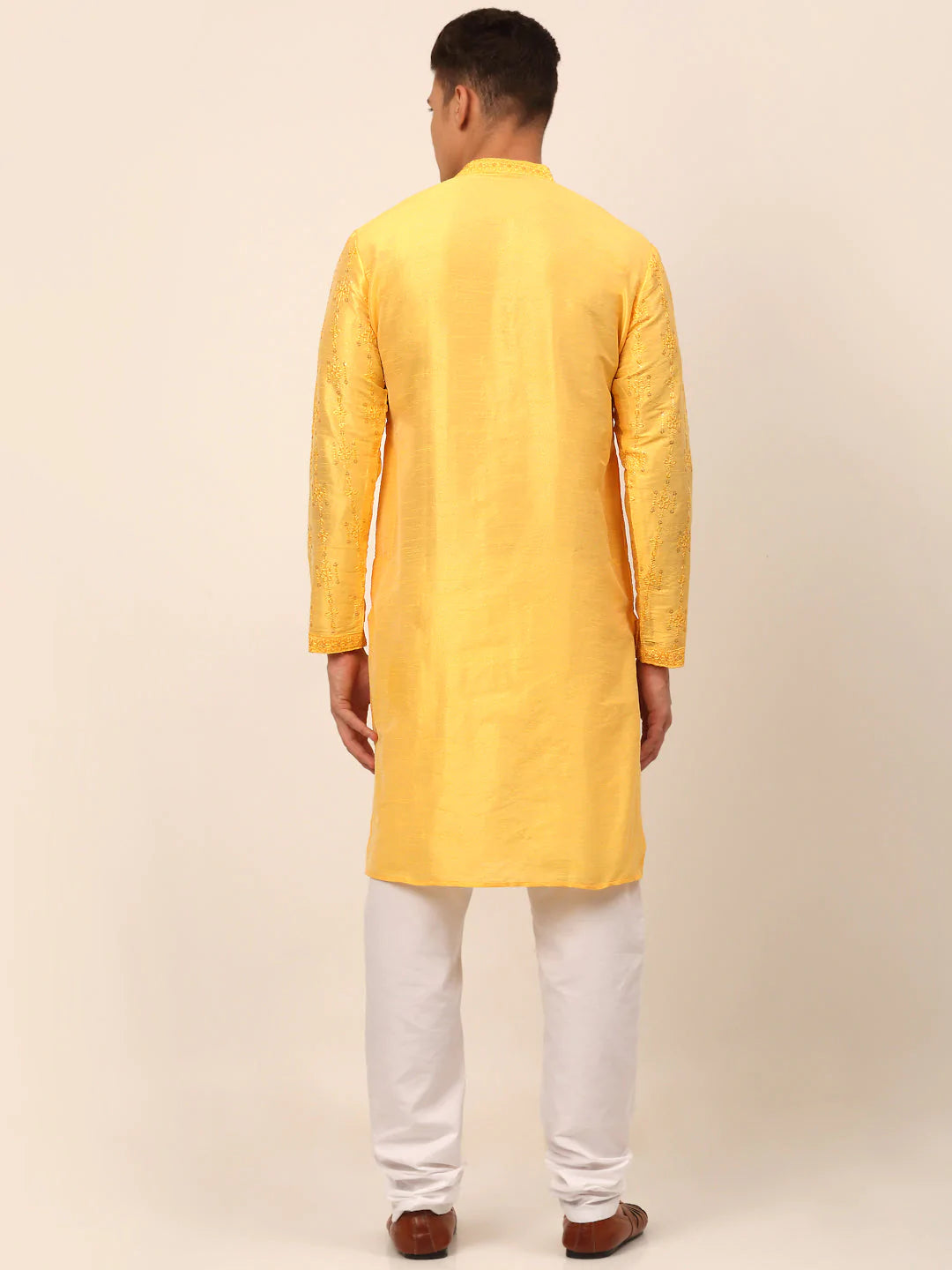 Men's Silk Blend Collar Embroidered Kurta Pyjama Set ( JOKP 665 Yellow )