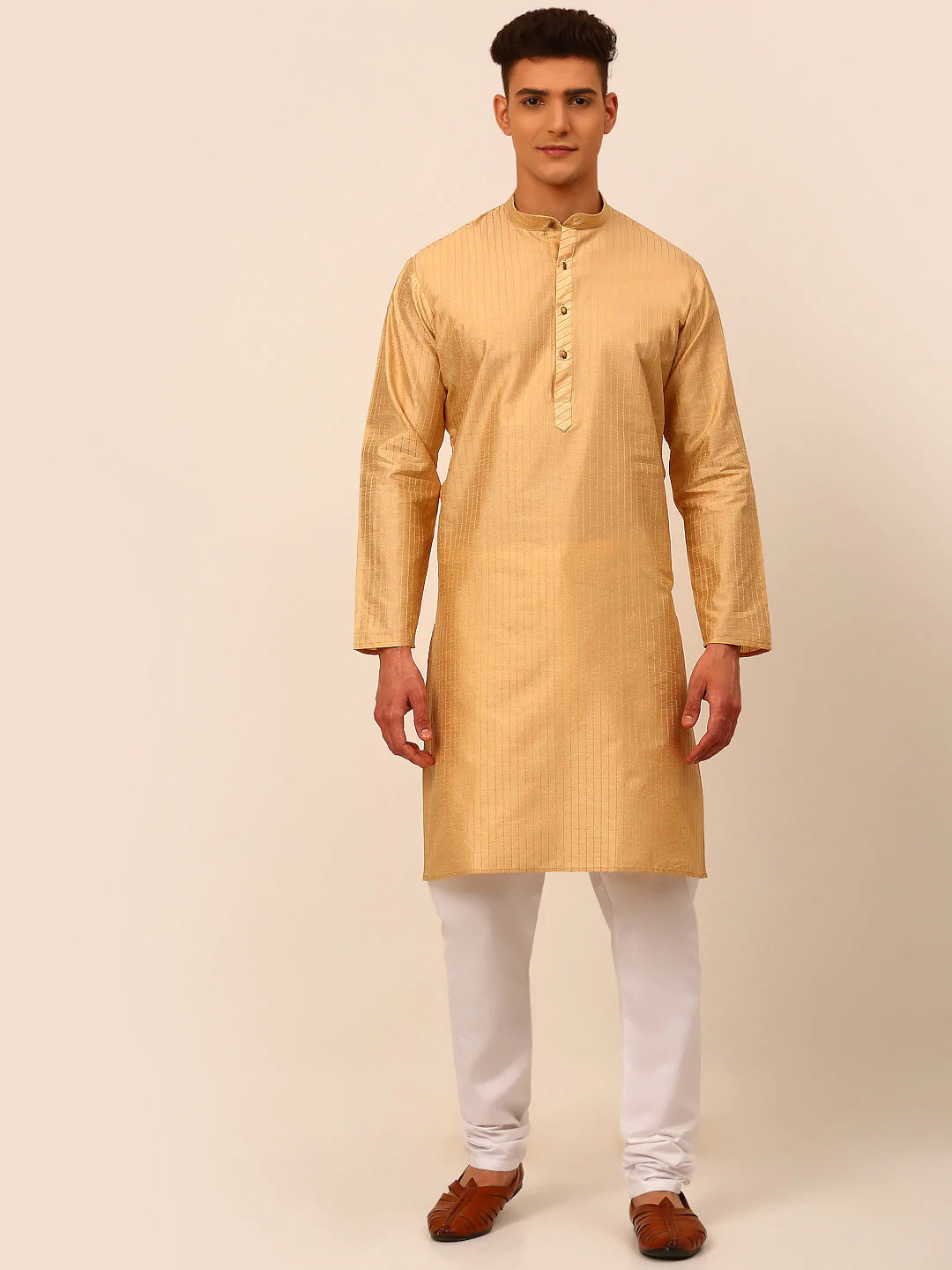 Men Beige Striped Pleated Chikankari Kurta pyjama Set ( JOKP 666 Beige )