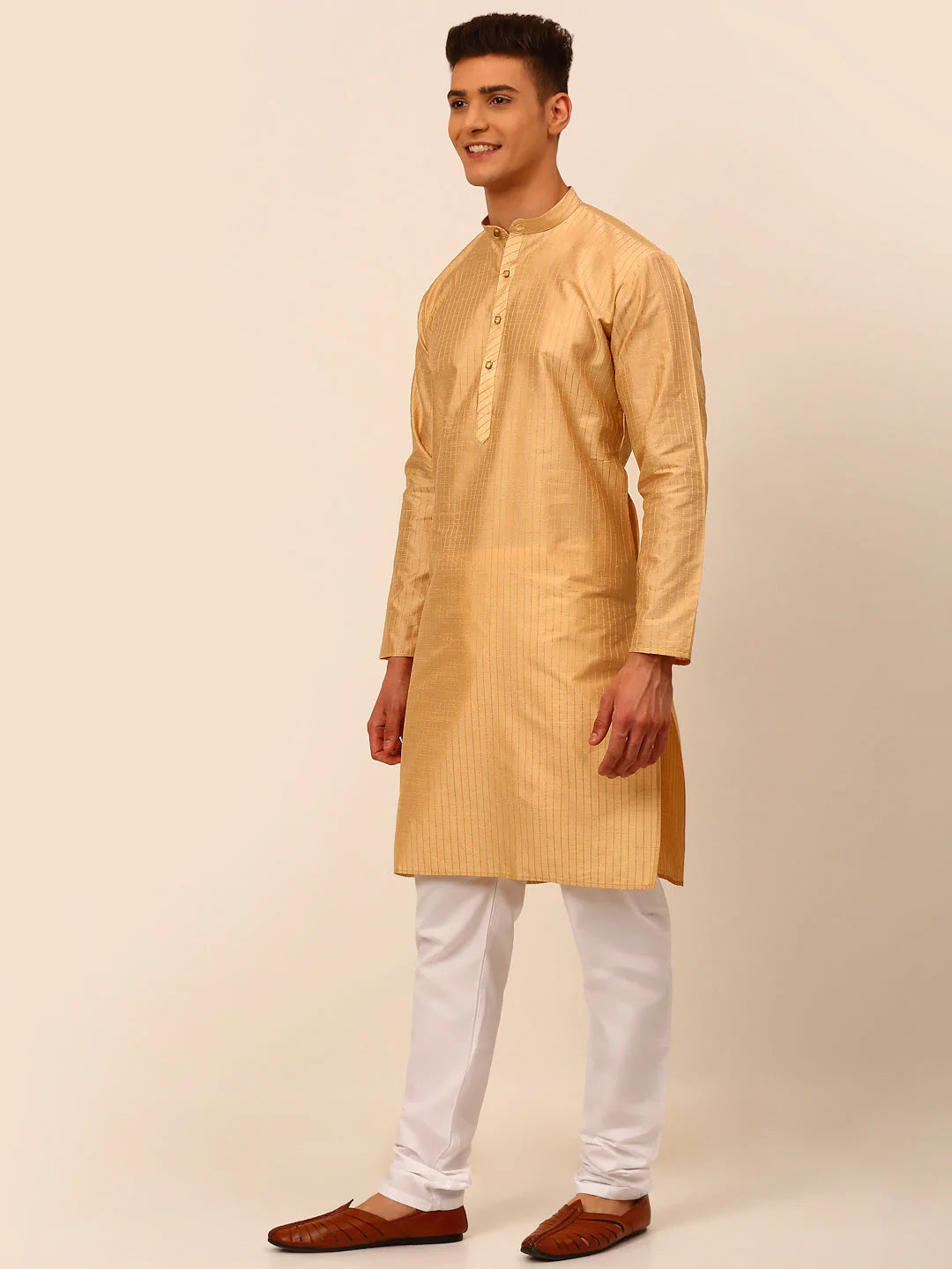 Men Beige Striped Pleated Chikankari Kurta pyjama Set ( JOKP 666 Beige )