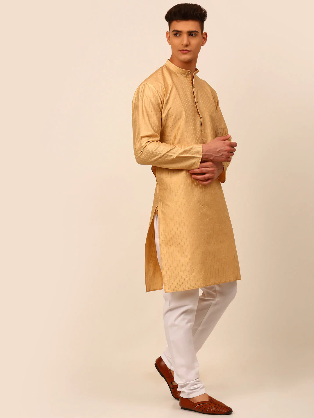 Men Beige Striped Pleated Chikankari Kurta pyjama Set ( JOKP 666 Beige )