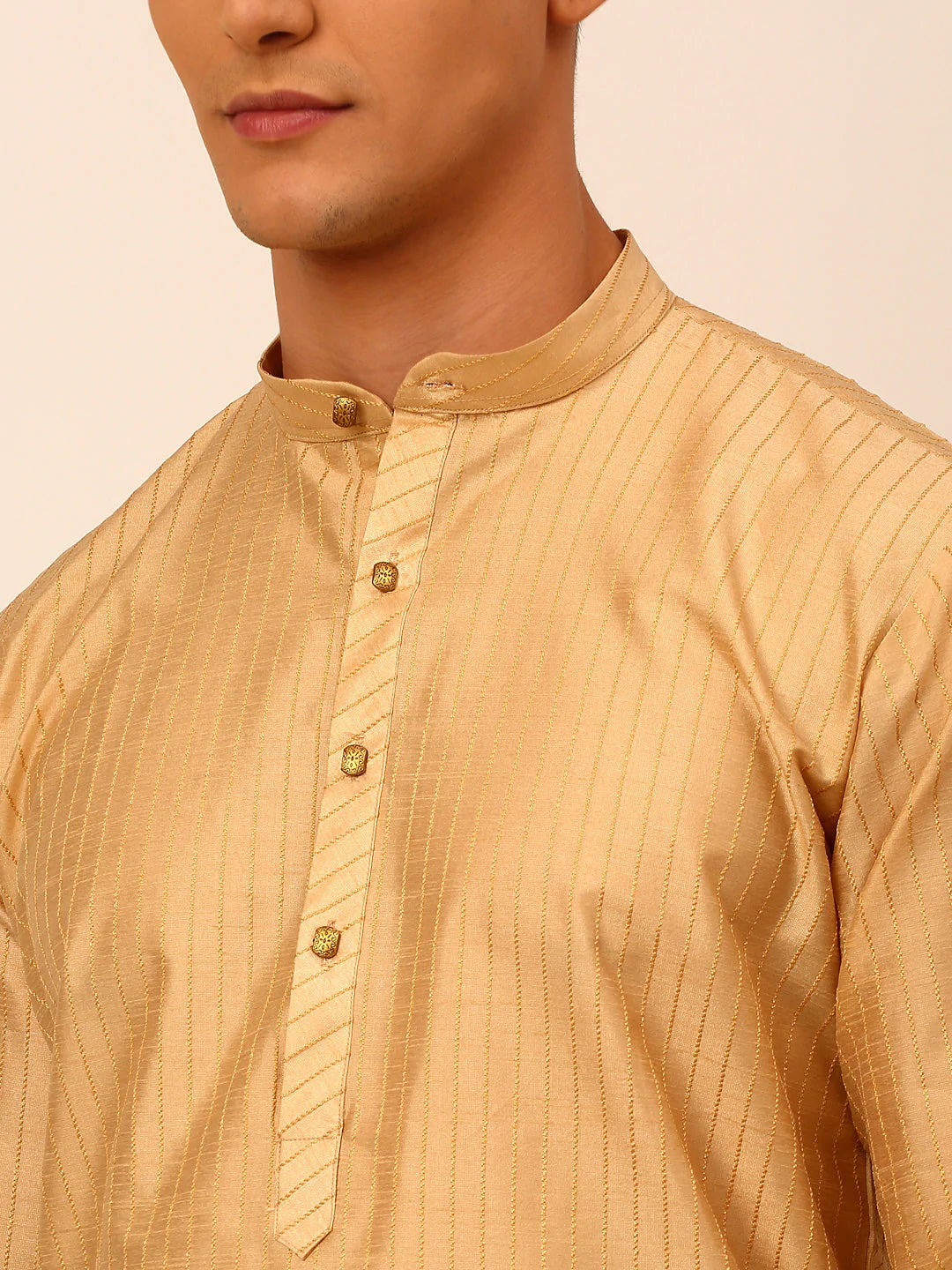 Men Beige Striped Pleated Chikankari Kurta pyjama Set ( JOKP 666 Beige )