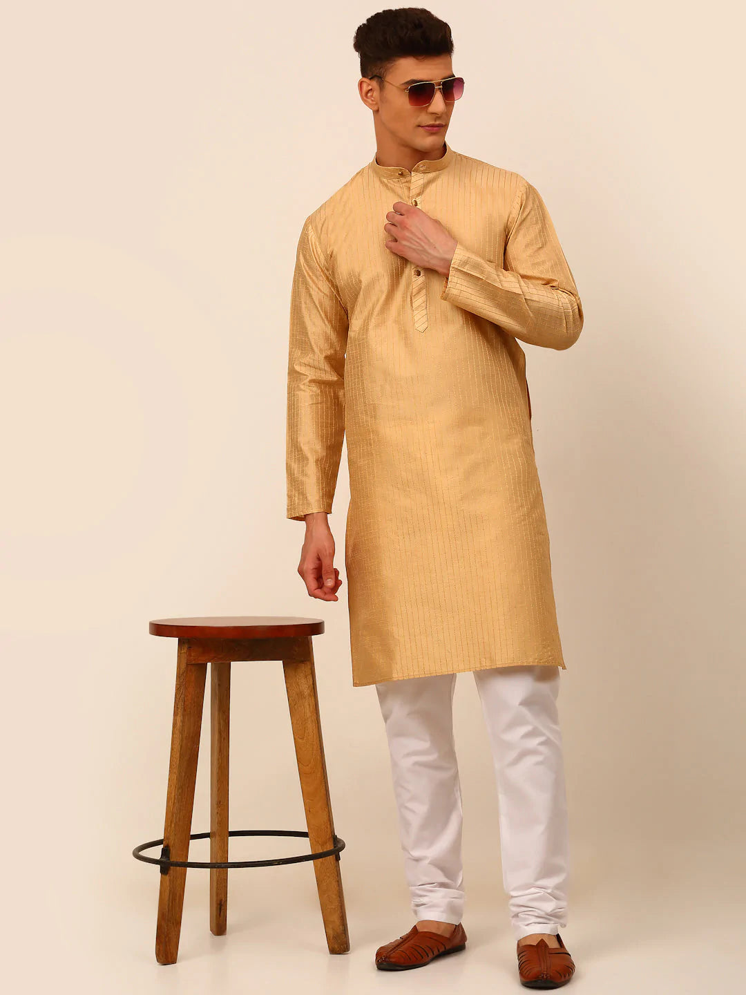 Men Beige Striped Pleated Chikankari Kurta pyjama Set ( JOKP 666 Beige )