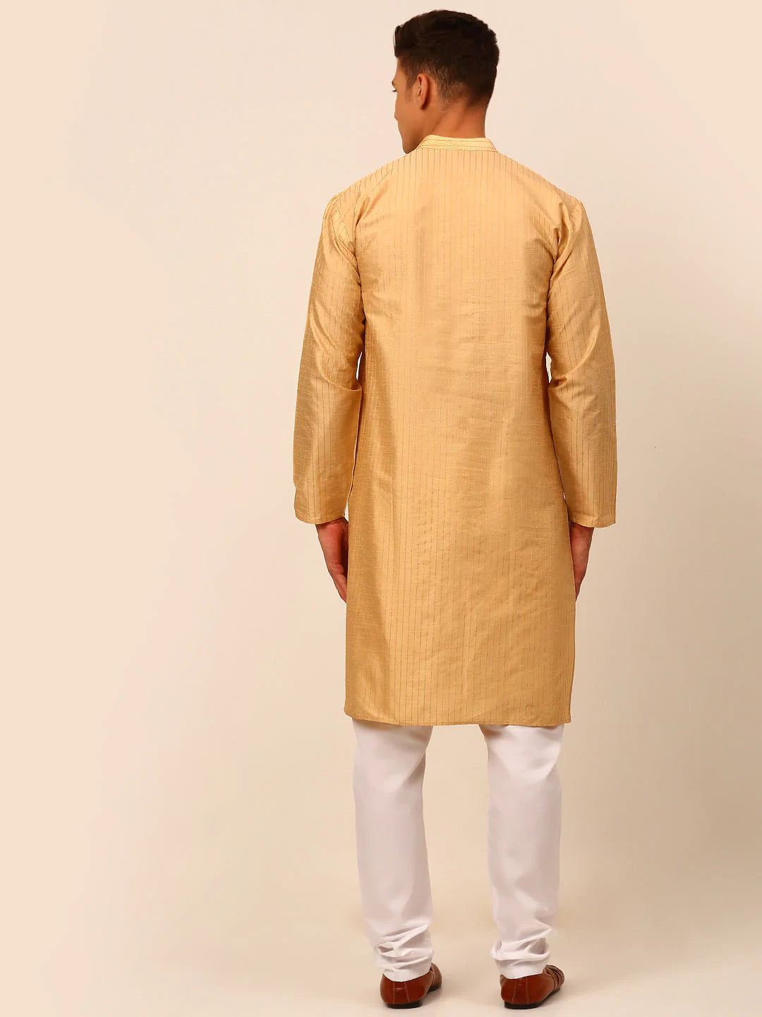 Men Beige Striped Pleated Chikankari Kurta pyjama Set ( JOKP 666 Beige )
