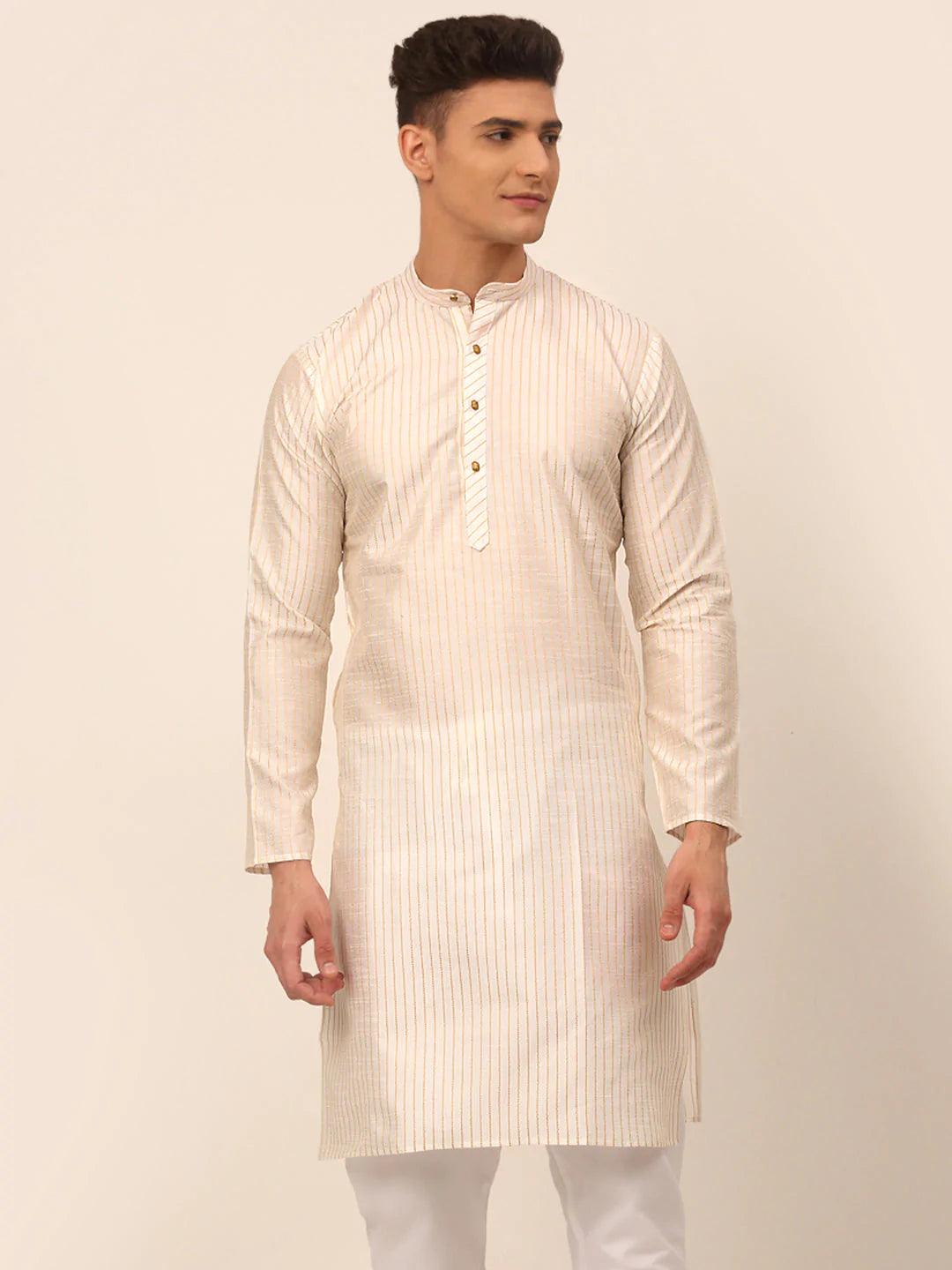 Men Cream Striped Pleated Chikankari Kurta Only ( KO 666 Cream )