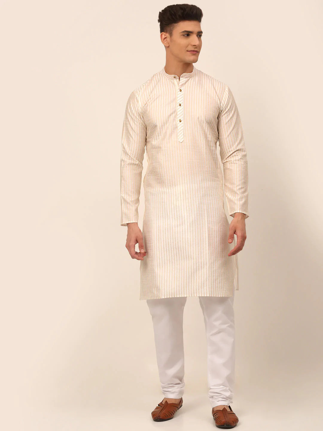Men Cream Striped Pleated Chikankari Kurta pyjama Set ( JOKP 666 Cream )