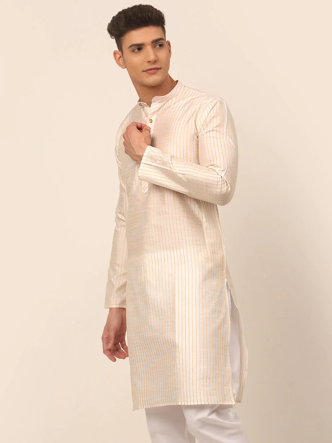 Men Cream Striped Pleated Chikankari Kurta Only ( KO 666 Cream )