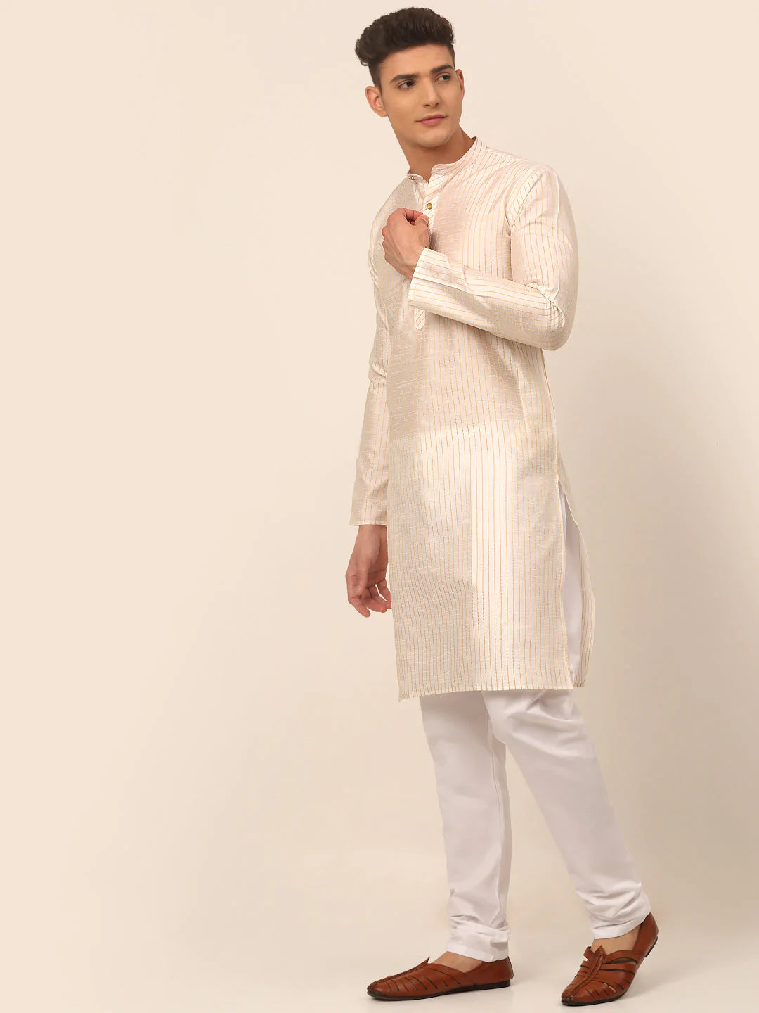 Men Cream Striped Pleated Chikankari Kurta pyjama Set ( JOKP 666 Cream )