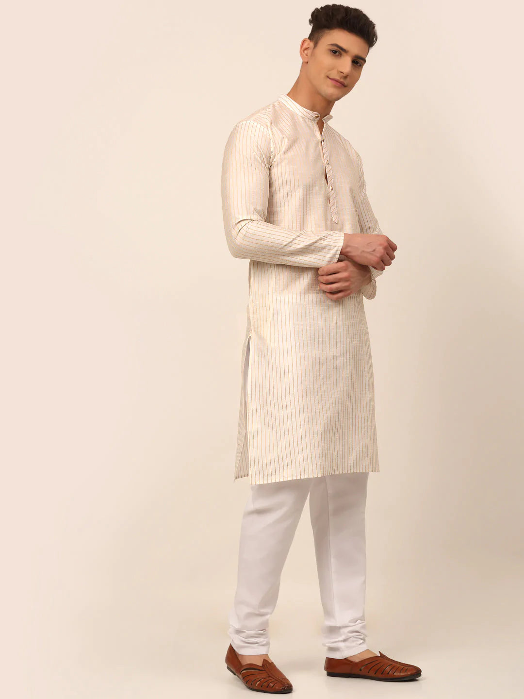 Men Cream Striped Pleated Chikankari Kurta Only ( KO 666 Cream )