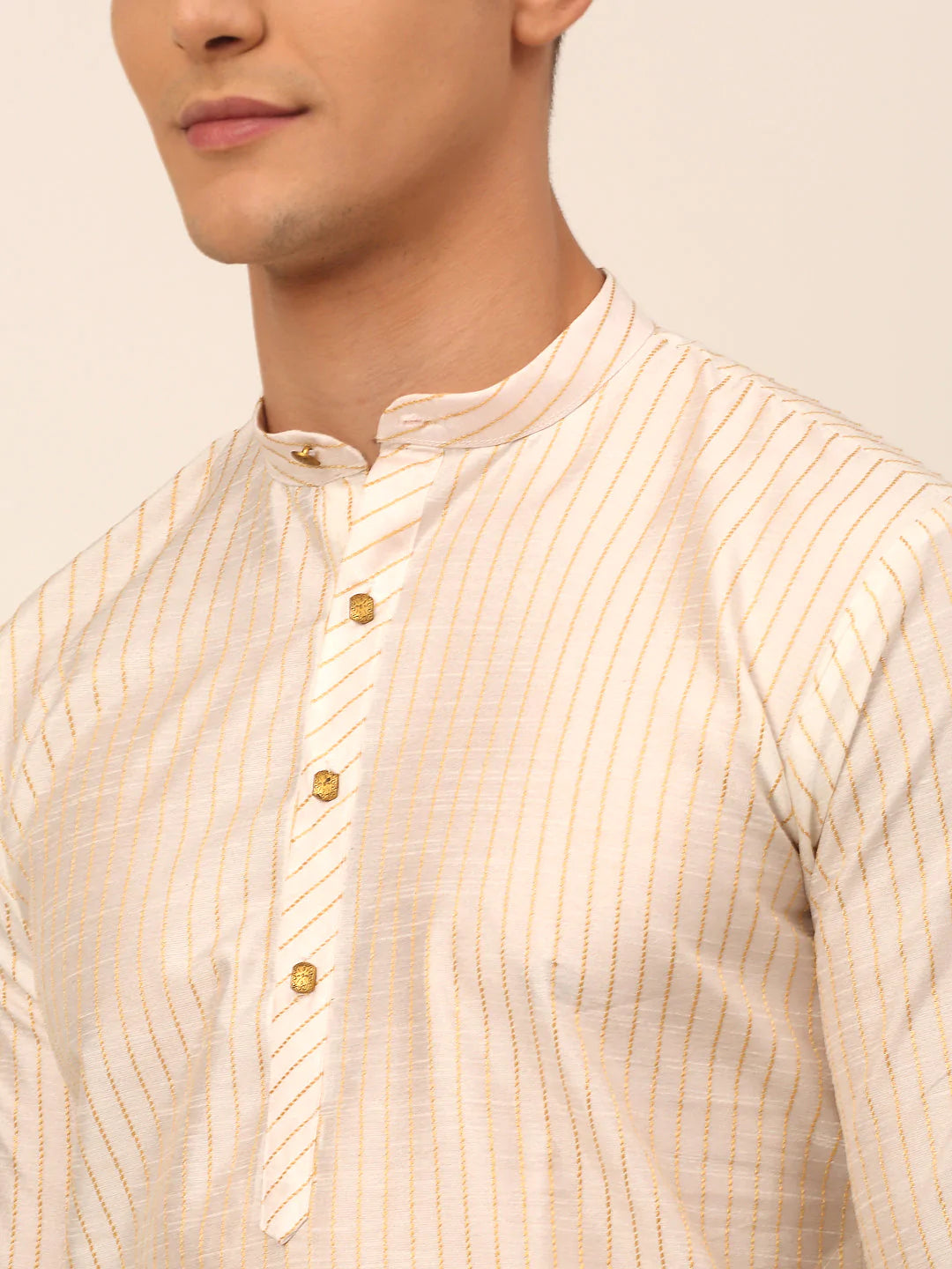 Men Cream Striped Pleated Chikankari Kurta Only ( KO 666 Cream )