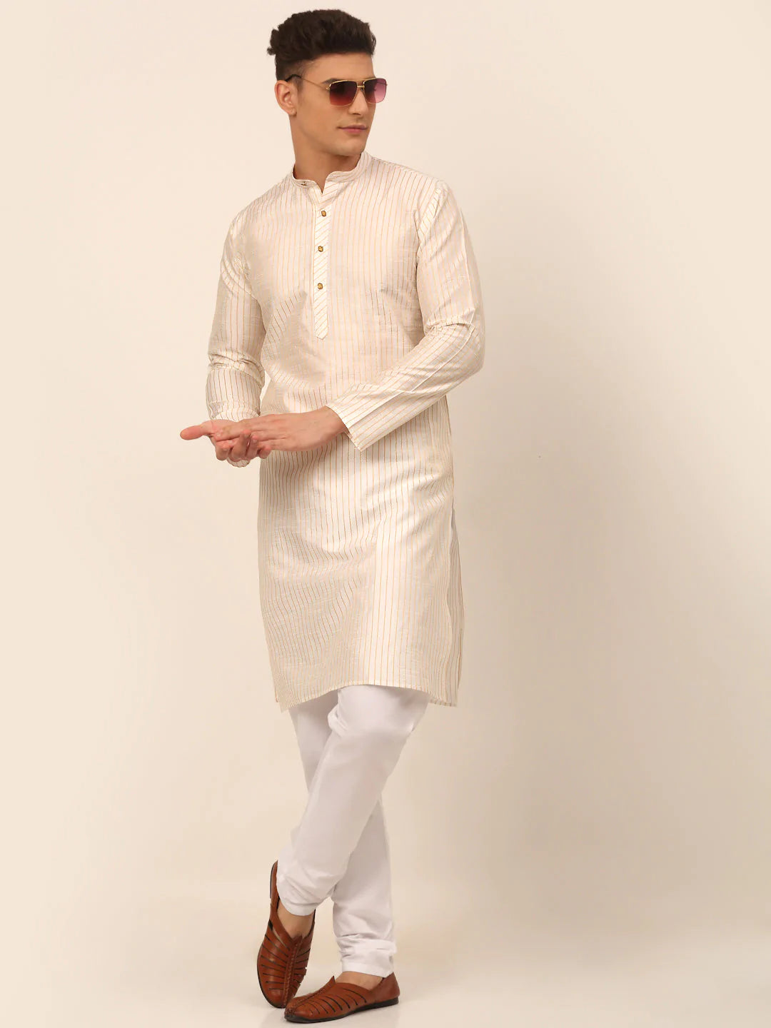 Men Cream Striped Pleated Chikankari Kurta Only ( KO 666 Cream )