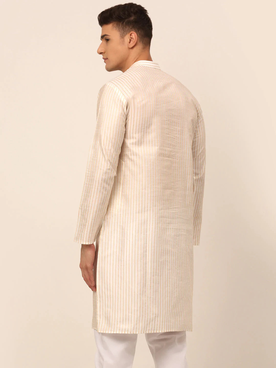 Men Cream Striped Pleated Chikankari Kurta Only ( KO 666 Cream )