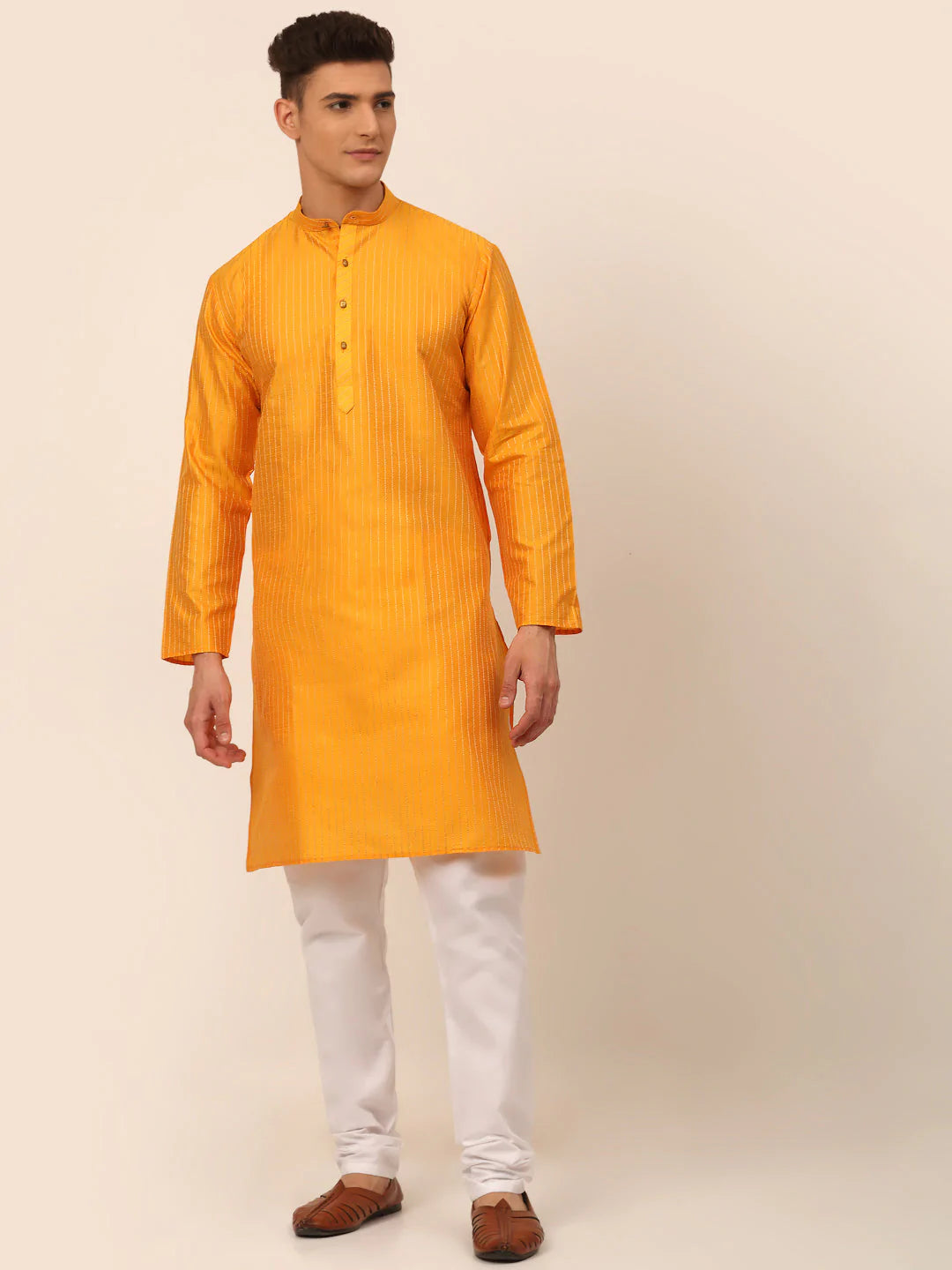 Men Mustard Striped Pleated Chikankari Kurta pyjama Set ( JOKP 666 Mustard )