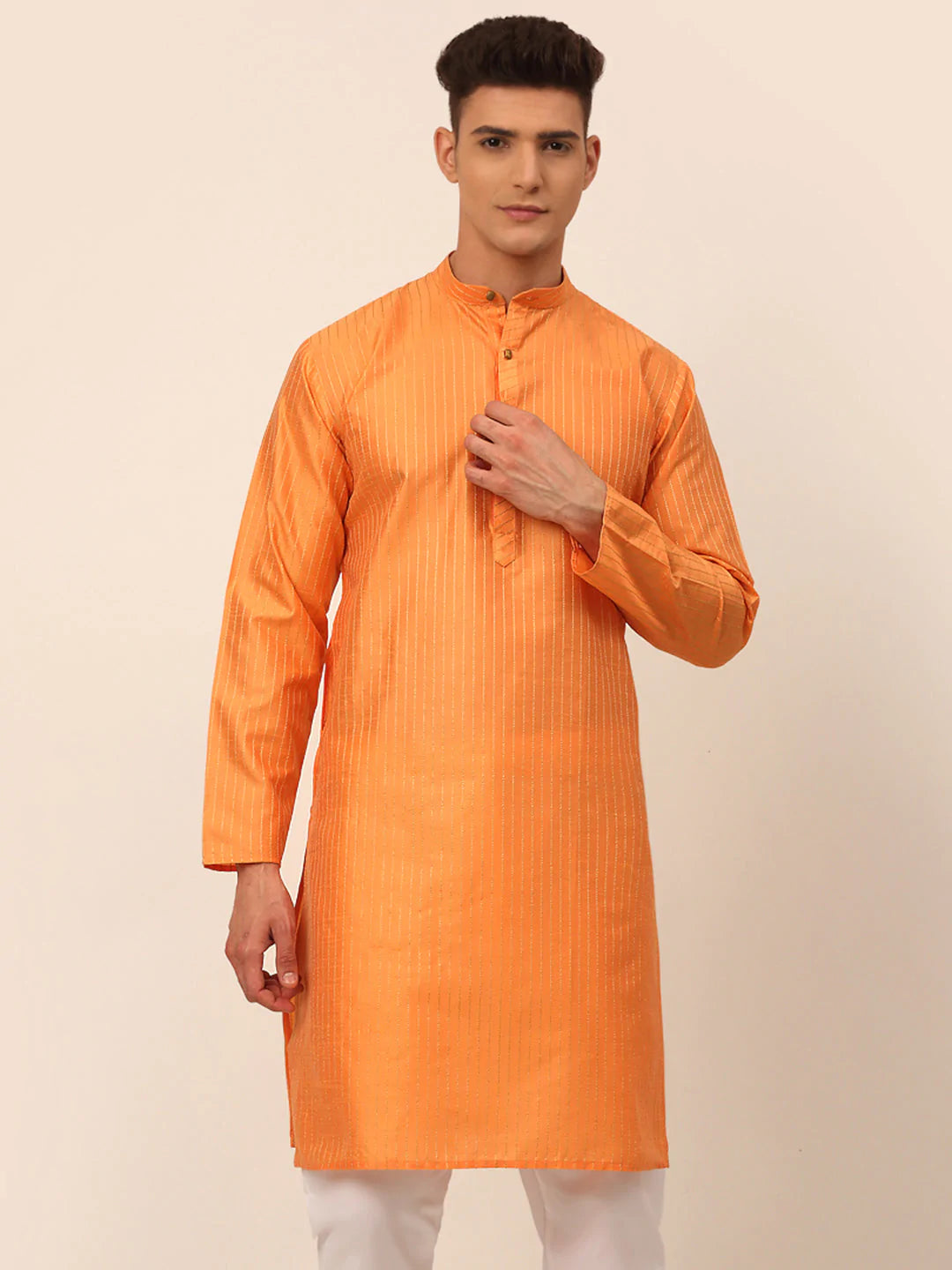 Men Peach Striped Pleated Chikankari Kurta Only ( KO 666 Peach )