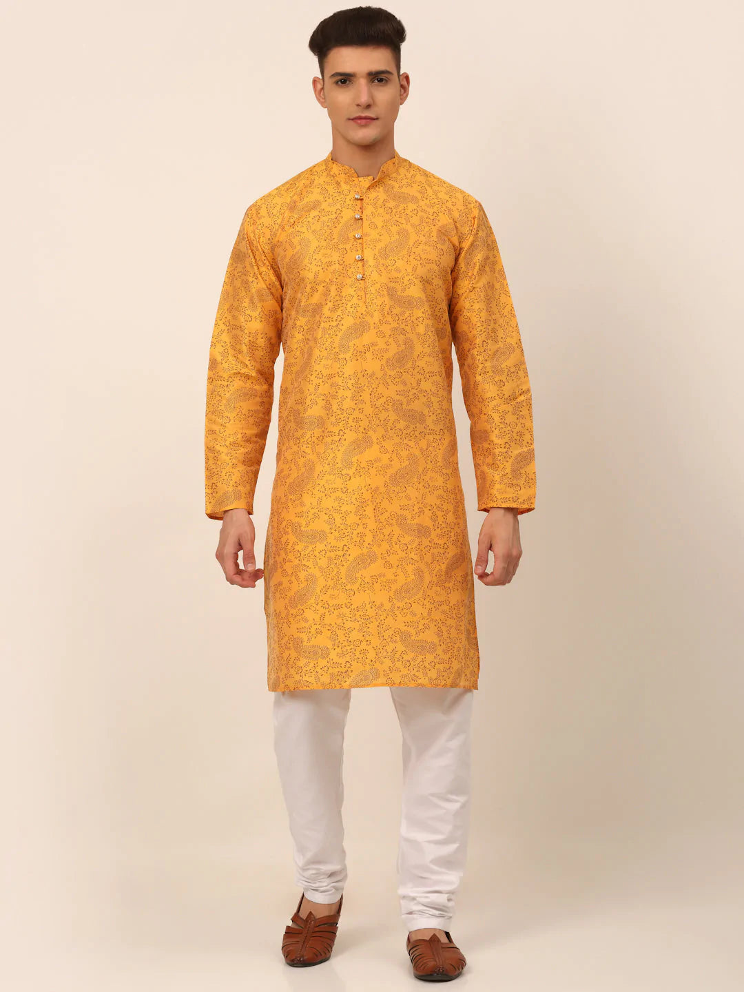 Men Mustard Paisley Printed Kurta with Pyjama ( JOKP 667 Mustard )