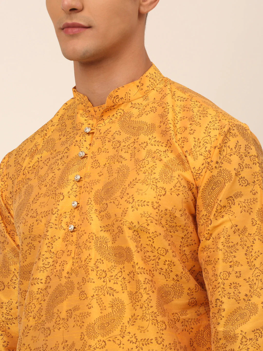 Men Mustard Paisley Printed Kurta with Pyjama ( JOKP 667 Mustard )